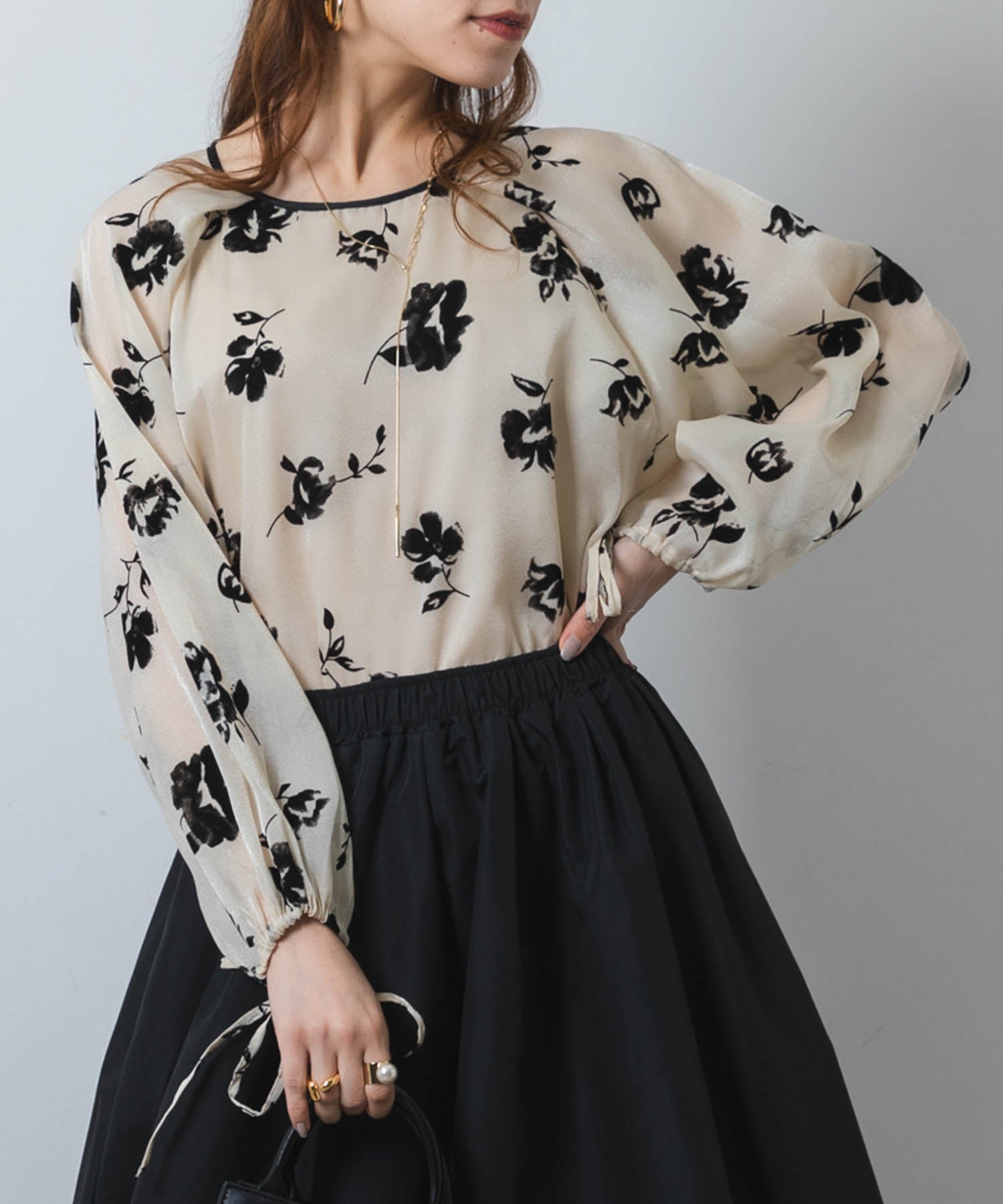 edit for lulu - フロッキーフラワートップス SET]シアーフロッキーフラワーロングスリーブブラウス+デザイン